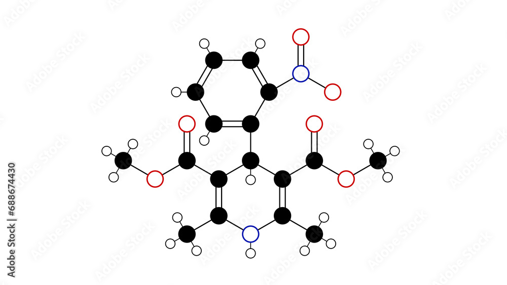 nifedipine molecule, structural chemical formula, ball-and-stick model, isolated image calcium channel blocker