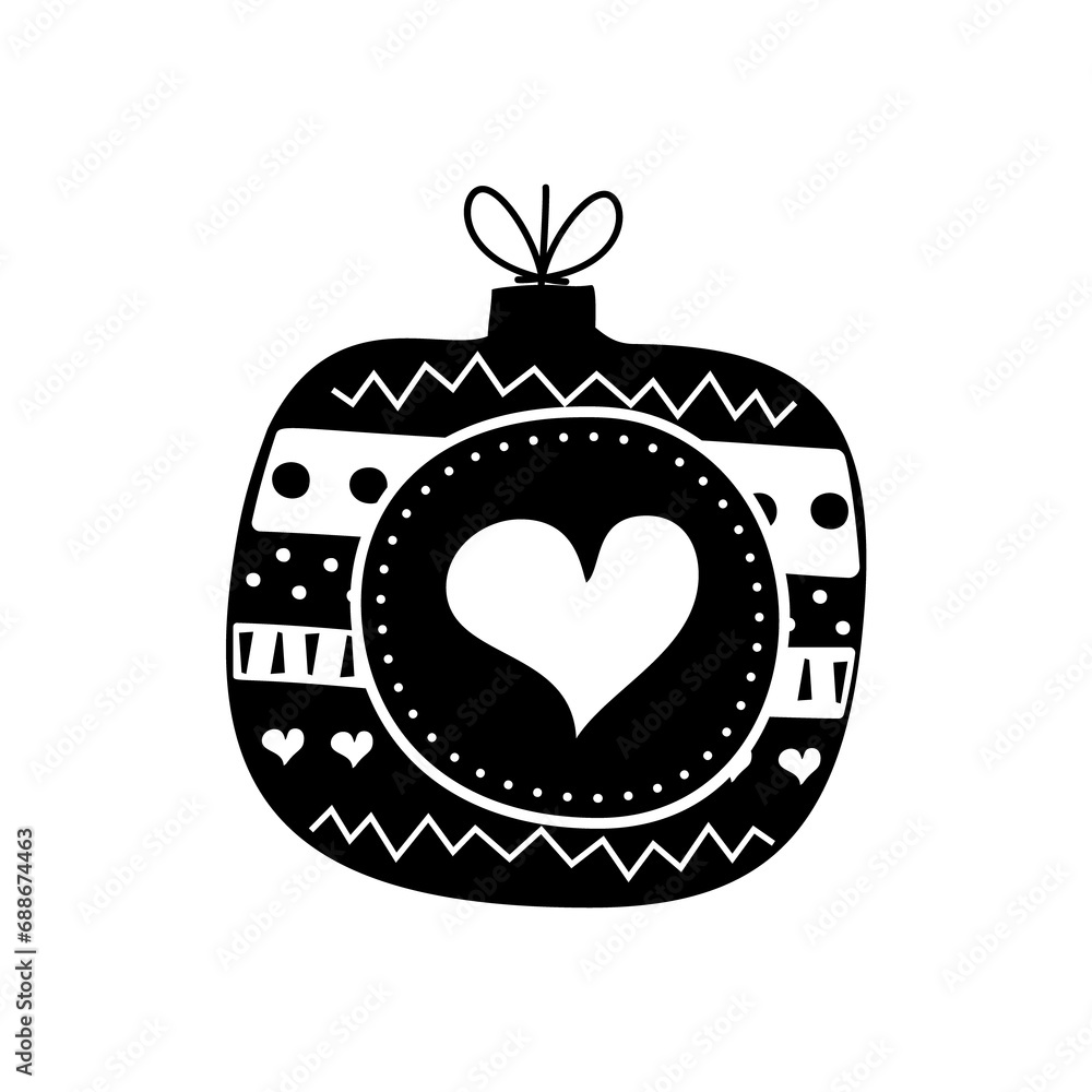 Fototapeta premium Christmas silhouette tree toy ball. Happy new year decoration in retro colors flat style with heart. Christmas sticker - holiday symbol icon. illustration