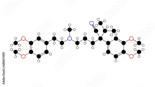 verapamil molecule, structural chemical formula, ball-and-stick model, isolated image calcium channel blocker
