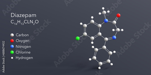diazepam molecule 3d rendering, flat molecular structure with chemical formula and atoms color coding photo