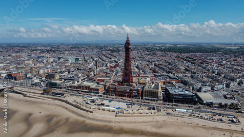 Blackpool is a seaside town in Lancashire, England. In the photo we can see Blackpool Tower.