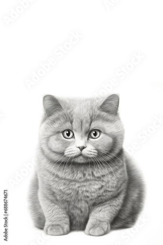 British shorthair portrait of cat isolated on white background ,sketch drawing, copy space for text