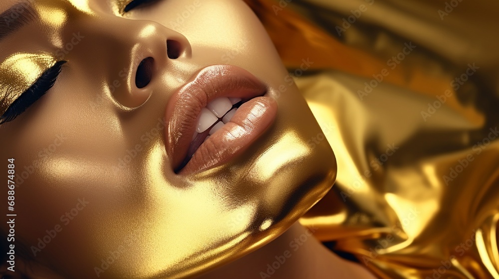 Golden skin in fashion close-up of a woman's face in portrait. Model wearing shiny, professional makeup with a festive golden glamour. Accessories, jewelry, and gold jewelry. Beauty metallic gold skin