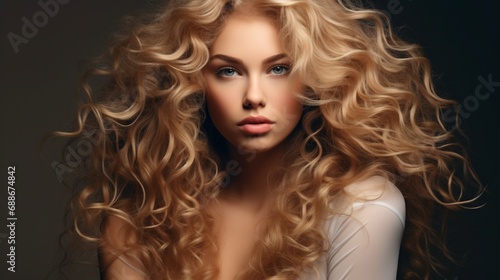 Blonde, curly long haired, young model. Gorgeous girl with flawlessly curly hair