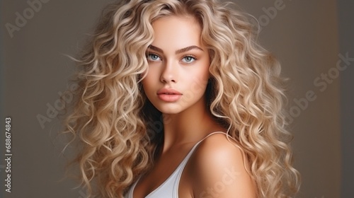 Blonde, curly  long haired, young model. Gorgeous girl with flawlessly curly hair