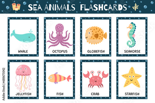Sea animals flashcards collection for kids. Flash cards set with cute water characters for practicing reading skills. Whale, octopus, jellyfish and more. Vector illustration