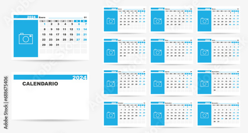 Spanish 2024 calendar with spanish holidays. Week start on monday. Calendar with place for photo. Vector Illustration.