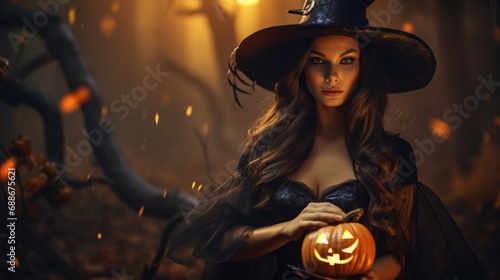 Magical Halloween Witch A pumpkin in a foreboding forest. Gorgeous young lady clutching a carved pumpkin while wearing a witches hat and costume. Halloween-themed artwork