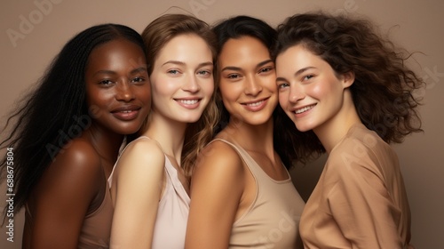 Happy, beautiful, diverse, and inclusive women who take pride in their varied skin tones and backgrounds in the studio. Multicultural models for empowerment, skincare, and glow.