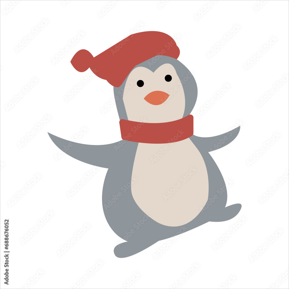 Cute cartoon penguin wearing a winter red hat and scarf. Vector illustration Cute cartoon penguin wearing a winter red hat and scarf. Vector illustration