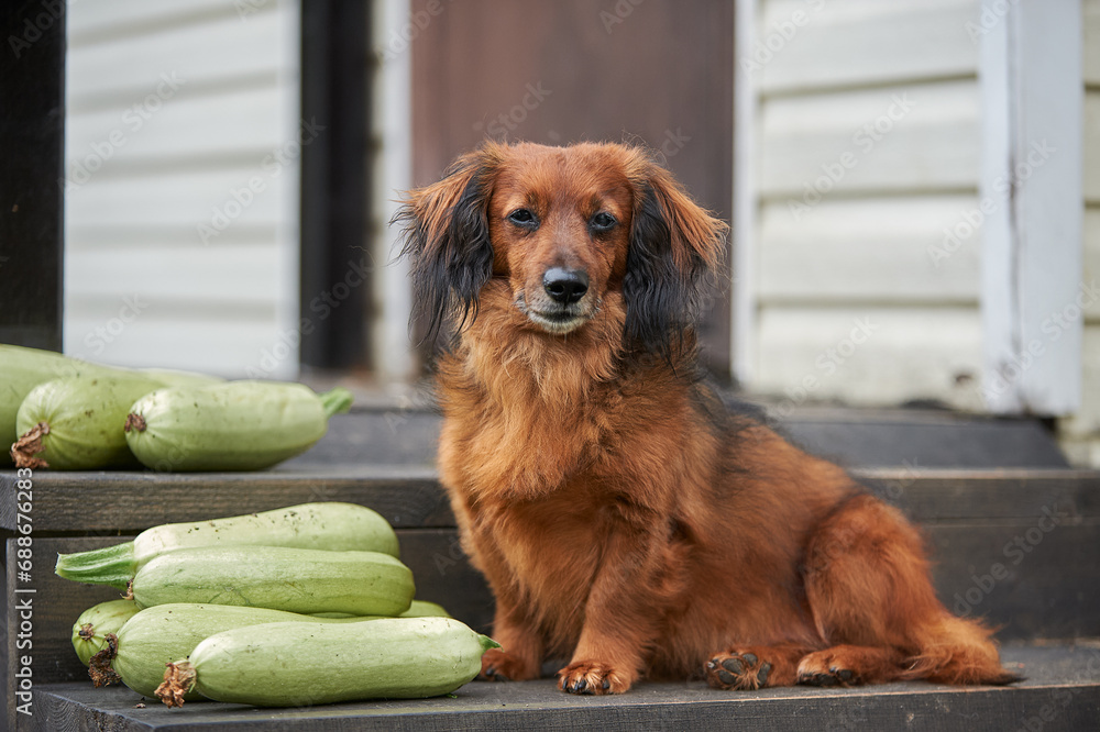 Red long-haired dachshund in the village in summer with zucchini