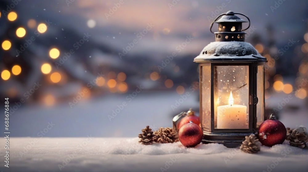 christmas lantern in snow with candle christmas lantern in snow with candle