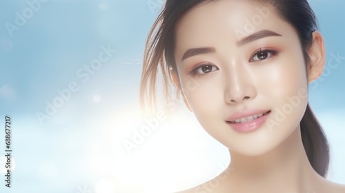 Skin treatment. A picture of a woman with a beautiful face and healthy skin. Lovely Asian girl model in a close-up with her skin glowing and hydrated, wearing natural makeup against a blue backdrop.