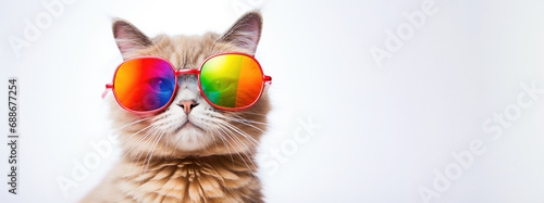 Front view portrait of a stylish cat wearing rainbow sunglasses on a white background. Free space for product placement or advertising text. © OleksandrZastrozhnov