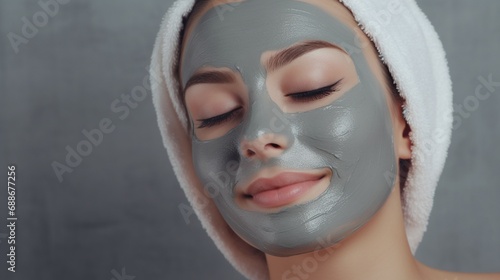  girl wearing A spa worker using a clay mask for her face. Cosmetic Procedures. close-up of a lovelyg a face mask while sporting a towel over her head