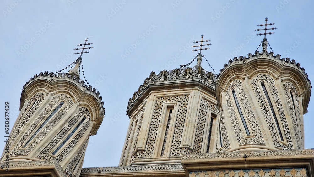 Close-up view of the beautiful architecture of the Curtea de Arges Cathedral, in Romania.
