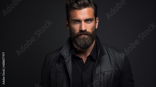 Young, attractive, and driven businessman from Europe. Man with dark hair and a beard wearing a casual jacket in front view. isolated against a backdrop of gloomy gray. studio session