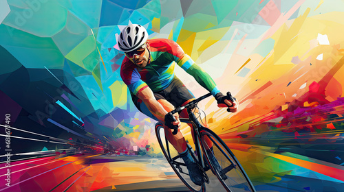Abstract bright multi-colored illustration of a cyclist riding fast on the road.