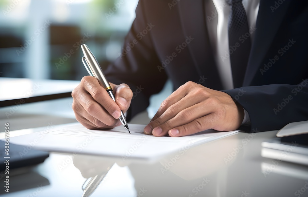 Businessman hands writing on clipboard on blurred office background Businessman hands writing on clipboard on blurred office background