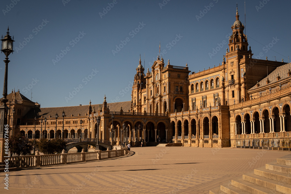 The National Geographic Institute in Plaza de España. Central government offices in stunning rich wealthy architecture design on sunny day. Impressive symmetrical masonry   