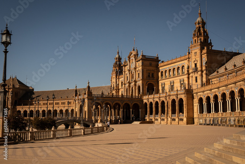 The National Geographic Institute in Plaza de España. Central government offices in stunning rich wealthy architecture design on sunny day. Impressive symmetrical masonry    © drew