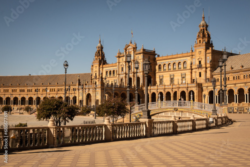 The National Geographic Institute in Plaza de España. Central government offices in stunning rich wealthy architecture design on sunny day. Impressive symmetrical masonry    © drew