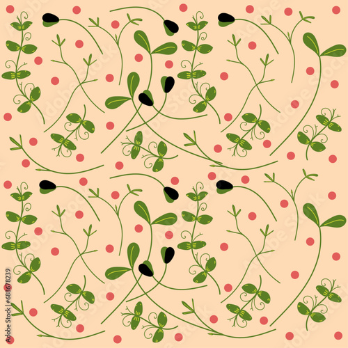 Microgreens pattern with red dots on beige background. Useful eco-product. Flat design. Healthy green seedlings. Peas, cress, sunflower. Hand drawn vector illustration for business, banners, textile