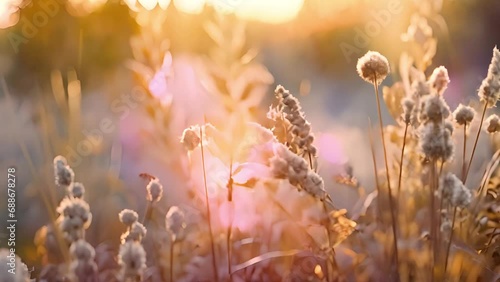 Flower motion wind blowing grass and flowers on grassland and beautiful sunset It pasture landscape is beauty and refresh. It pink or purple floral flower in meadow field. Sunlight thought green leaf 