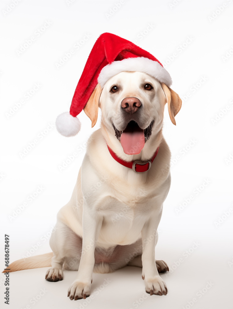 White Labrador Retriever (Lab) in Festive Santa Hat Sitting on White Background White Labrador Retriever (Lab) in Festive Santa Hat Sitting on White Background