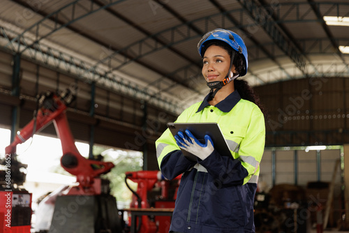 Portrait of female mechanical engineer worker in yellow hard hat and safety uniform using tablet standing at manufacturing area of industrial factory © EKKAPON