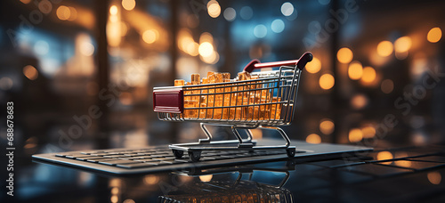 Online retail at its core Laptop, shopping basket, keyboard epitomize e commerce vision