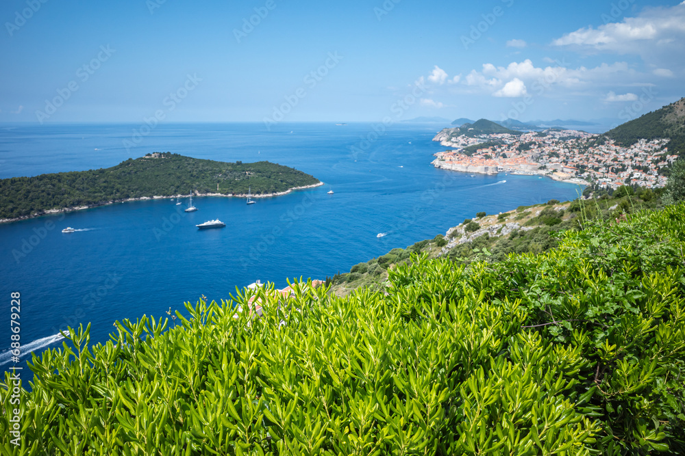 Top view to Dubrovnik Old Town and Lokrum island in the Adriatic sea on sunny summer day. Focus on green bushes in the foreground