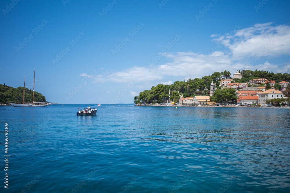 View to Cavtat village and Adriatic sea from the harbour on sunny summer day
