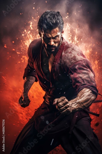 an action shot poster featuring a bold warrior, exuding both strength and elegance. oriental martial artist, samurai. generative AI