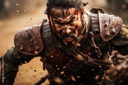 an action shot poster featuring a bold warrior, exuding both strength and elegance. oriental martial artist, samurai. generative AI