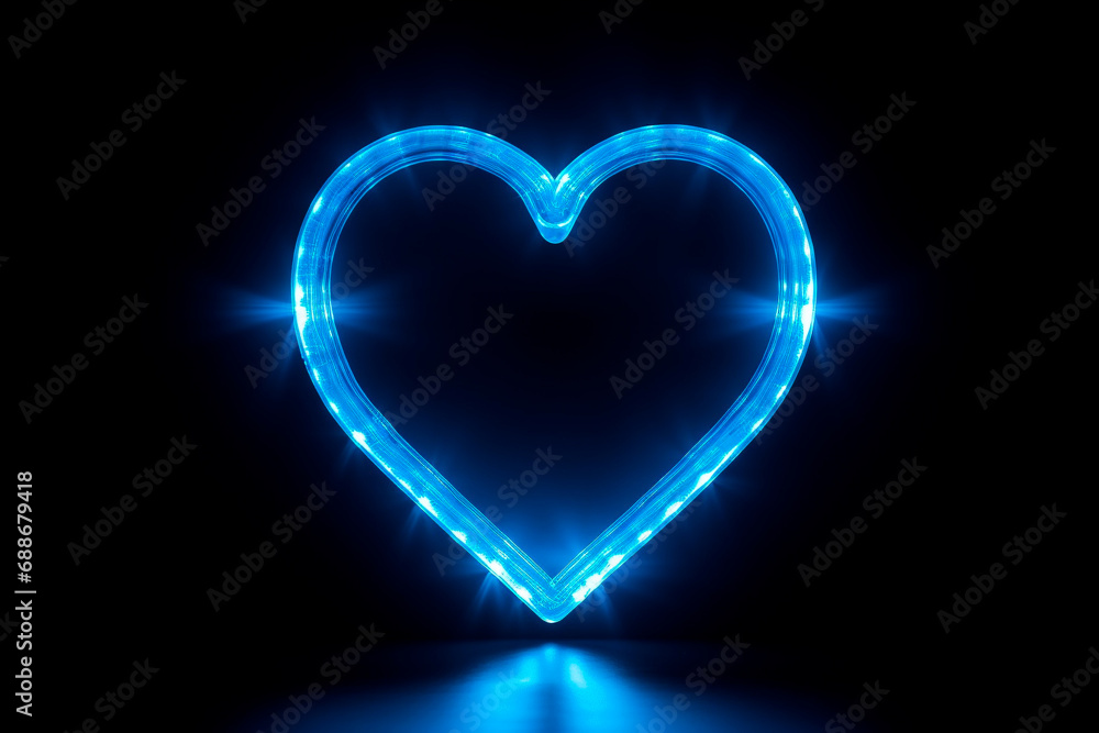 A blue neon heart glows on a black background. A blue neon heart glows on a black background.