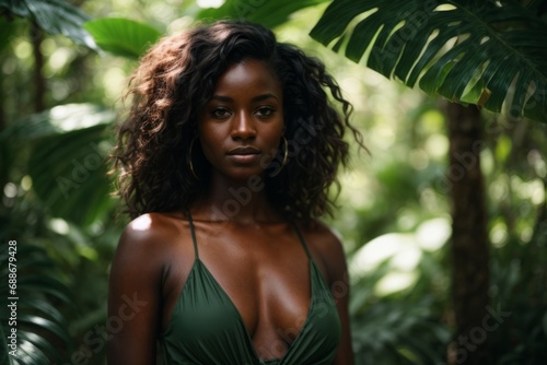 A beautiful African American woman looks at the camera on a green background of large leaves in the forest, paths, jungle. Spa, natural beauty, copy space nature background.