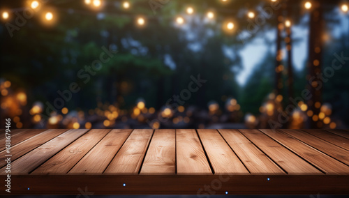 Wooden Table Set against a Blurred Background of Glowing Lights and Park, Ideal for Product Presentation