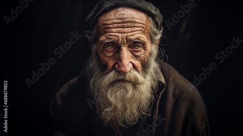 Old homeless bearded man, sad and emotional look, close-up portrait of poor elderly person