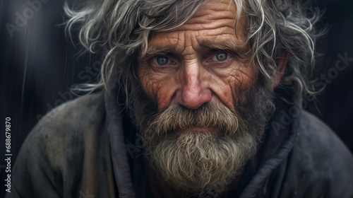Old homeless bearded man in the rain, sad and emotional look, close-up portrait of poor elderly person