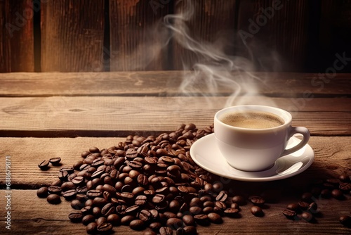 Aromatic morning ritual. Hot espresso in vintage coffee cup. Breakfast bliss. Dark roast coffee with steam on wooden table. Cups on rustic background