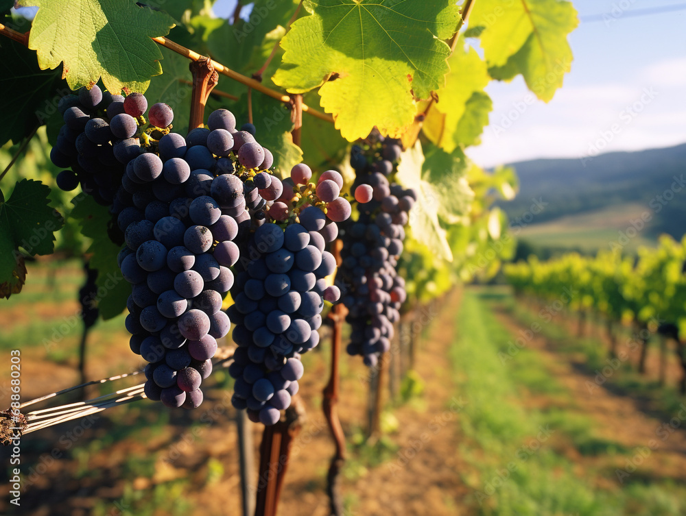 Fototapeta premium A picturesque vineyard showcasing clusters of grapes ready for harvesting.