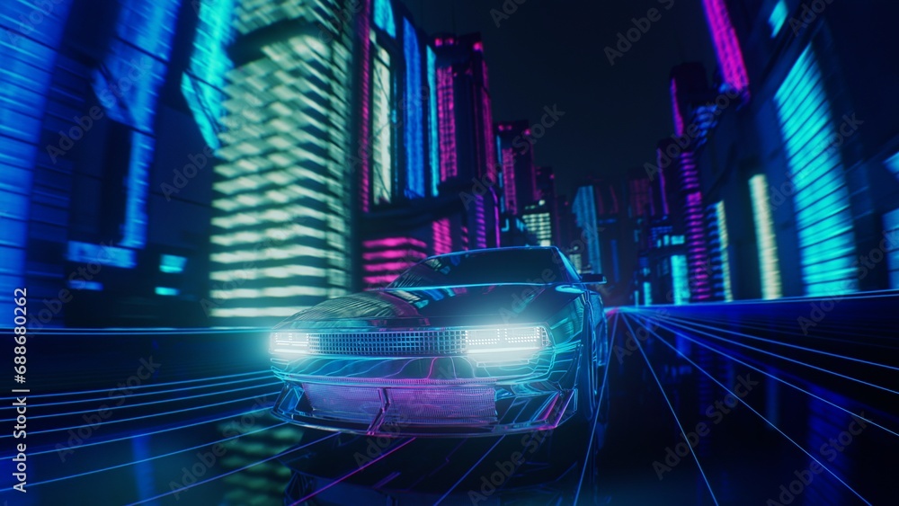 3d render of a cyber neon car through the night city in skyscrapers