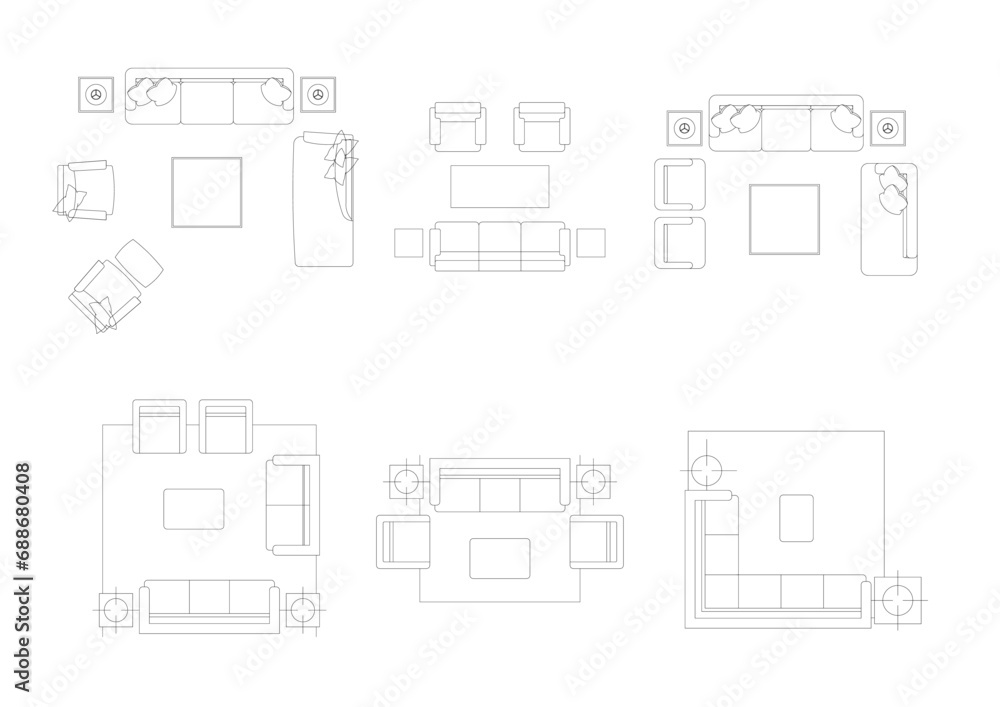 furniture icon interior plan view, top set vector. architecture house sofa line, home, outline, apartment, collection, isolated, layout, design, project, blueprint. 