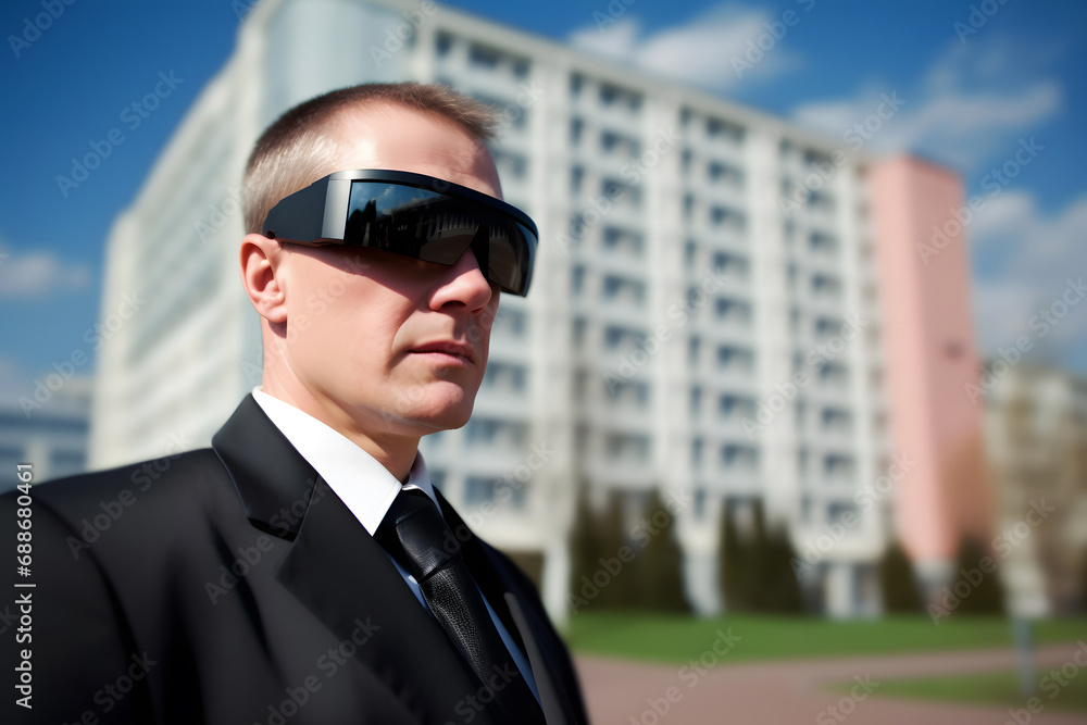 Businessman wearing virtual reality glasses. Neural network AI generated art Businessman wearing virtual reality glasses. Neural network AI generated art