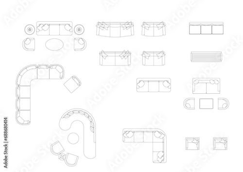 furniture icon interior plan view, top set vector. architecture house sofa line, home, outline, apartment, collection, isolated, layout, design, project, blueprint. 