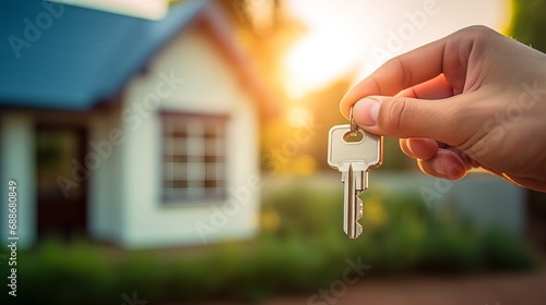 A photo of a hand holding a key against the blurred house home ownership background at golden hour for real estate possession concept