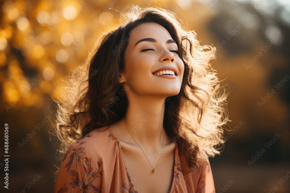 Fototapeta premium A brunette woman breathes calmly looking up enjoying autumn air