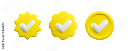 Vector 3d Yellow Check mark realistic icons set. Trendy plastic round starburst, wavy verified badge with checkmark, approved icon on white background. Gold official tick button. 3d render yes sign.