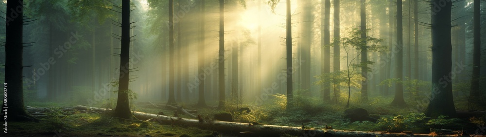 A misty forest in the early morning, with sunbeams filtering through trees and leaving room above for copy.